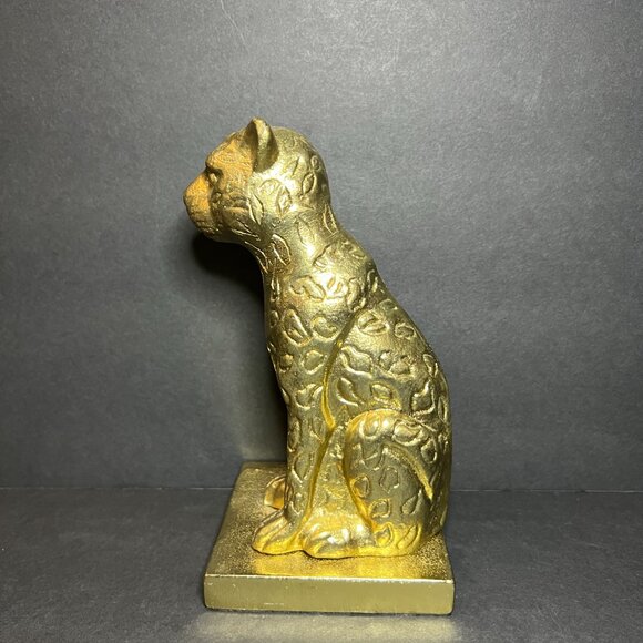 Decorative Gold Tone Metal Wildcat Cheetah Leopard Statue Figure Bookend 6.5" - Picture 3 of 6